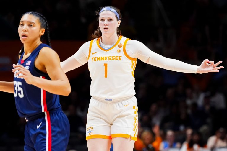 Tennessee guard/forward Sara Puckett (1) gestures after making a three-pointer during a women's college basketball game between the Lady Vols and UConn