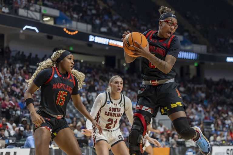 Maryland Terrapins guard Shyanne Sellers (0) rebounds the ball against the South Carolina Gamecocks during the first half of a Sweet 16 NCAA Tournament basketball game at Legacy Arena.