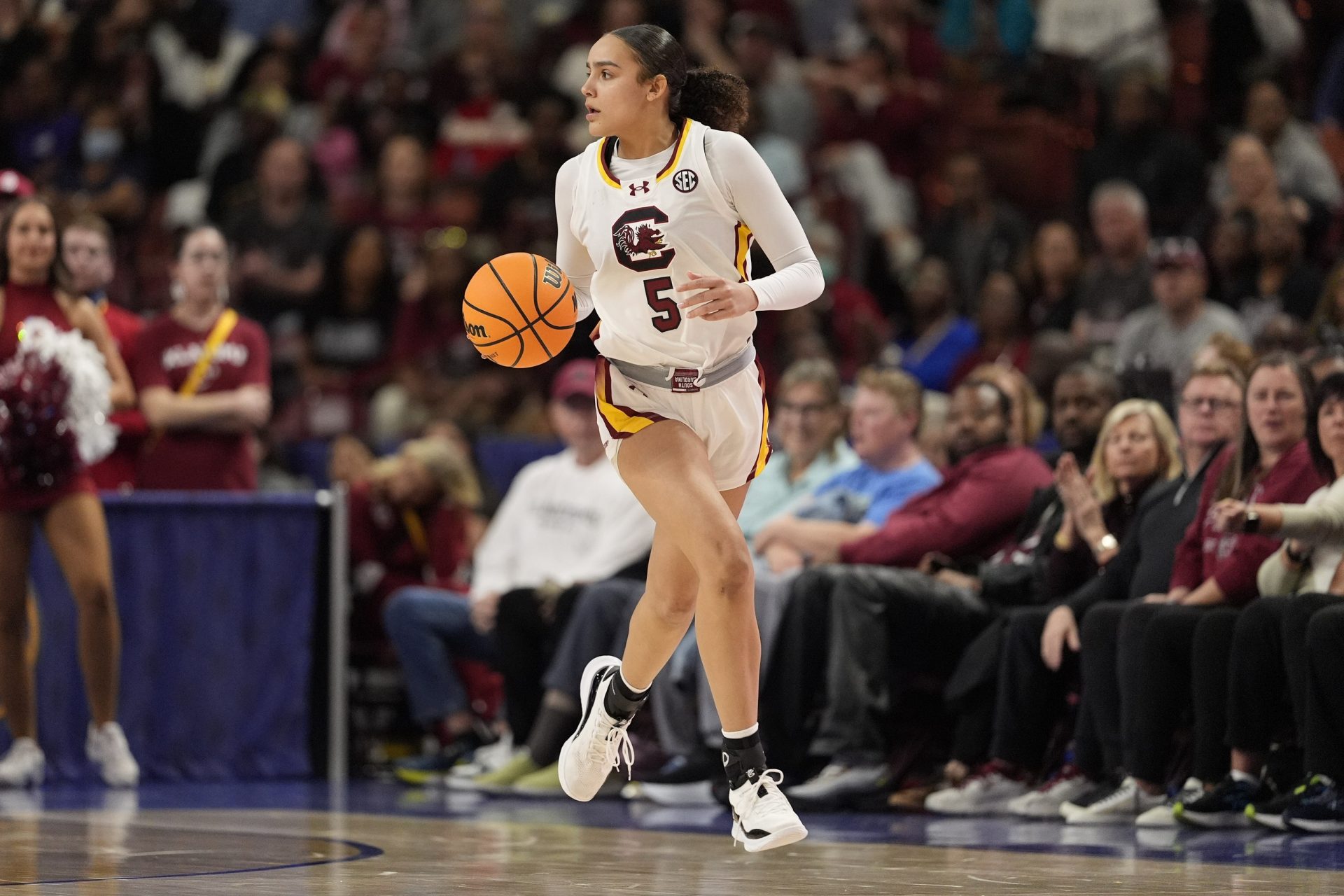 South Carolina Gamecocks guard Tessa Johnson (5) brings the ball up court against the Oklahoma Sooners during the second half at Bon Secours Wellness Arena.