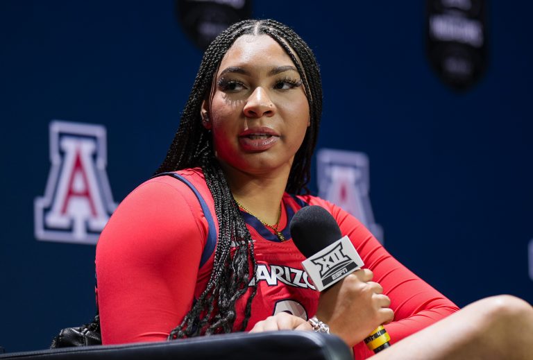 Arizona Wildcats forward Breya Cunningham (25) talks to media during the Big 12 Women’s Basketball Media Day at T-Mobile Center.