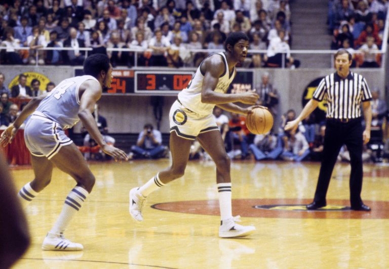 Michigan State Spartans guard Magic Johnson (32) in action against the Indiana State Sycamores during the 1979 Final Four championship at the Special Events Center.