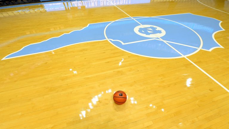 A view of the center court logo at Dean E. Smith Center.