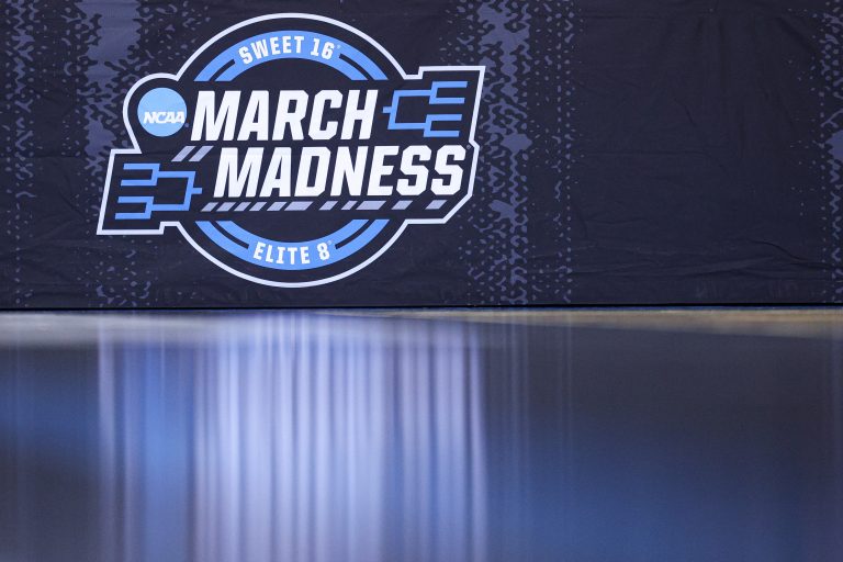 General view of a NCAA March Madness logo during a practice sessions in preparation for an East Regional semifinal games at Prudential Center.
