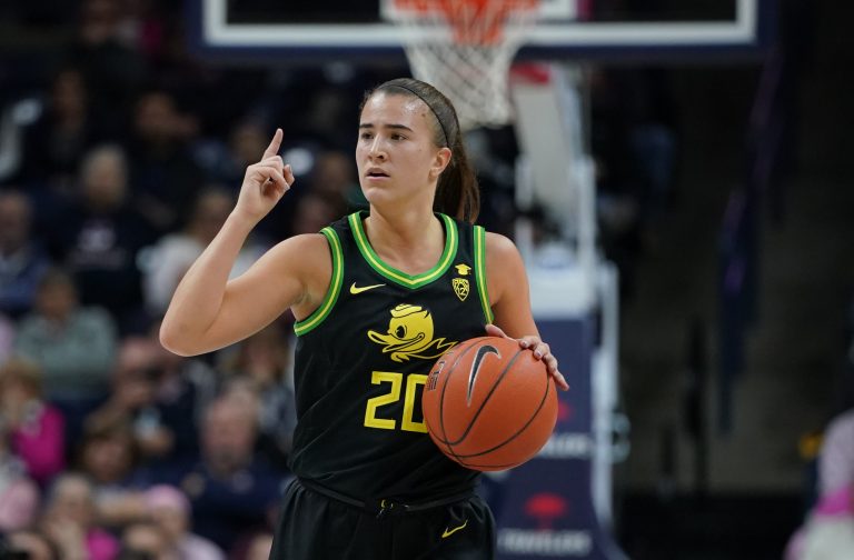 Oregon Ducks guard Sabrina Ionescu (20) returns the ball up court against the UConn Huskies in the second half at Harry A. Gampel Pavilion. Oregon won 74-56.