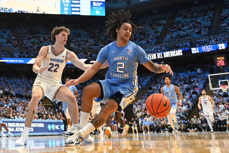 North Carolina Tar Heels guard Elliott Cadeau (2) with the ball as UC Riverside Highlanders forward Luke Turner (22) defends in the second half at Dean E. Smith Center.
