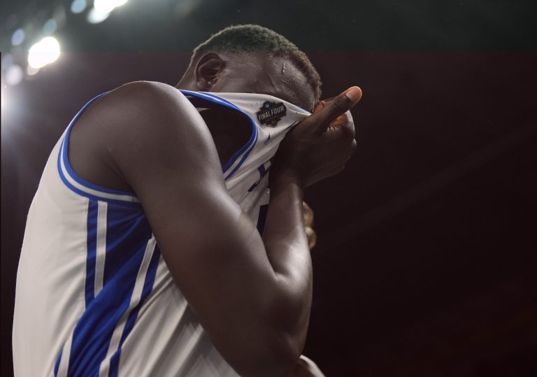 Duke Blue Devils center Khaman Maluach (9) walks off the court after losing to the Houston Cougars in the semifinals of the men's Final Four of the 2025 NCAA Tournament at the Alamodome.