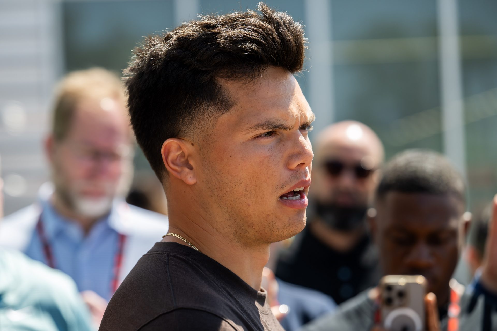 Cleveland Browns quarterback Dillon Gabriel (5) talks to the media during rookie minicamp at CrossCountry Mortgage Campus.