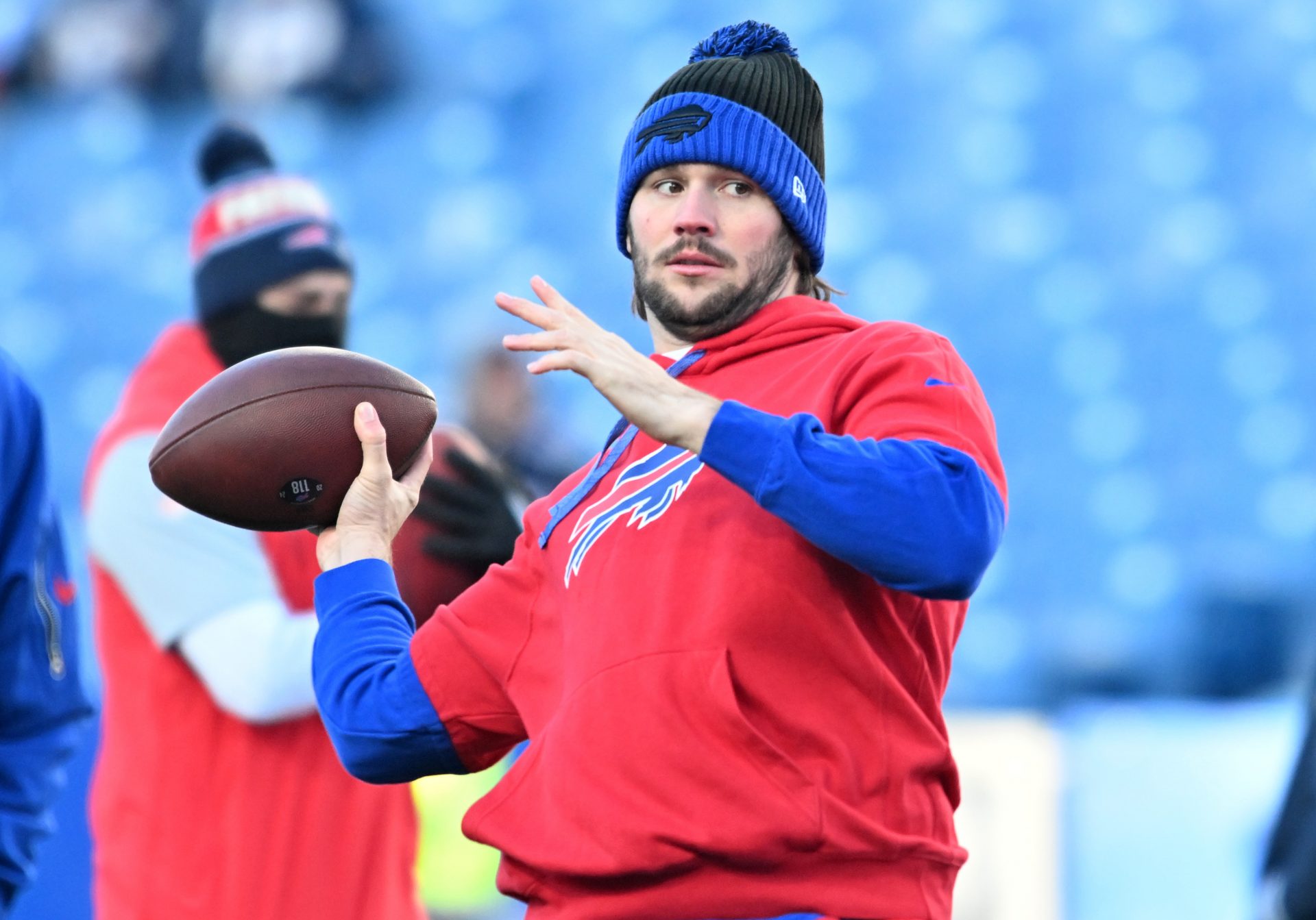 Buffalo Bills quarterback Josh Allen (17) warms up before a game against the New England Patriots at Highmark Stadium.