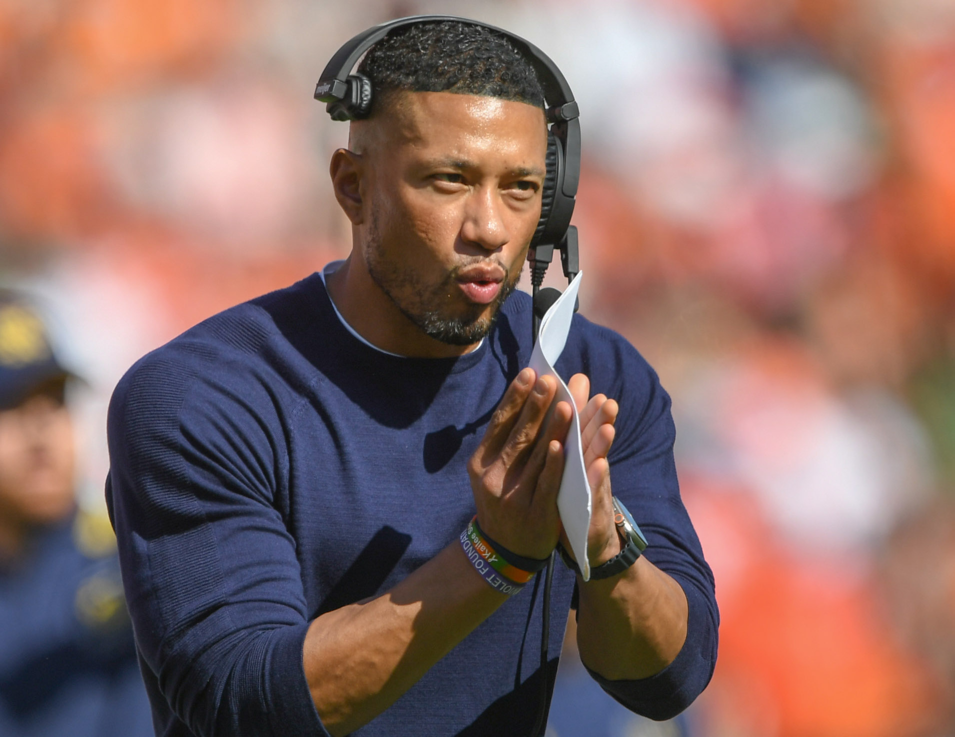Notre Dame Head Coach Marcus Freeman during the third quarter at Memorial Stadium.