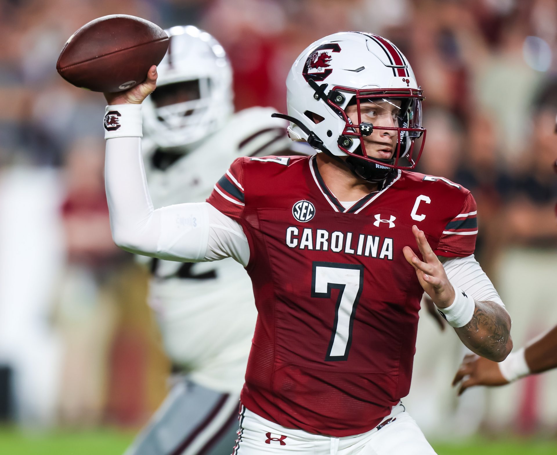 South Carolina Gamecocks quarterback Spencer Rattler (7) passes against the Mississippi State Bulldogs in the second quarter at Williams-Brice Stadium.