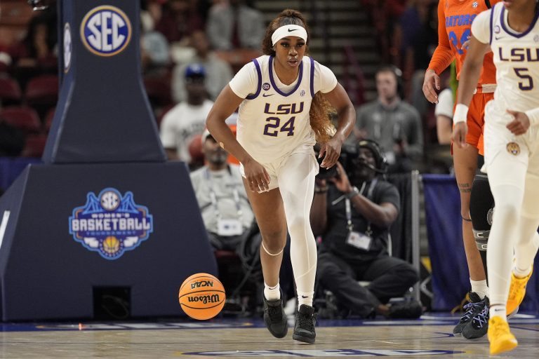 LSU Lady Tigers guard Aneesah Morrow (24) brings the ball up court against the Florida Gators during the first half at Bon Secours Wellness Arena.