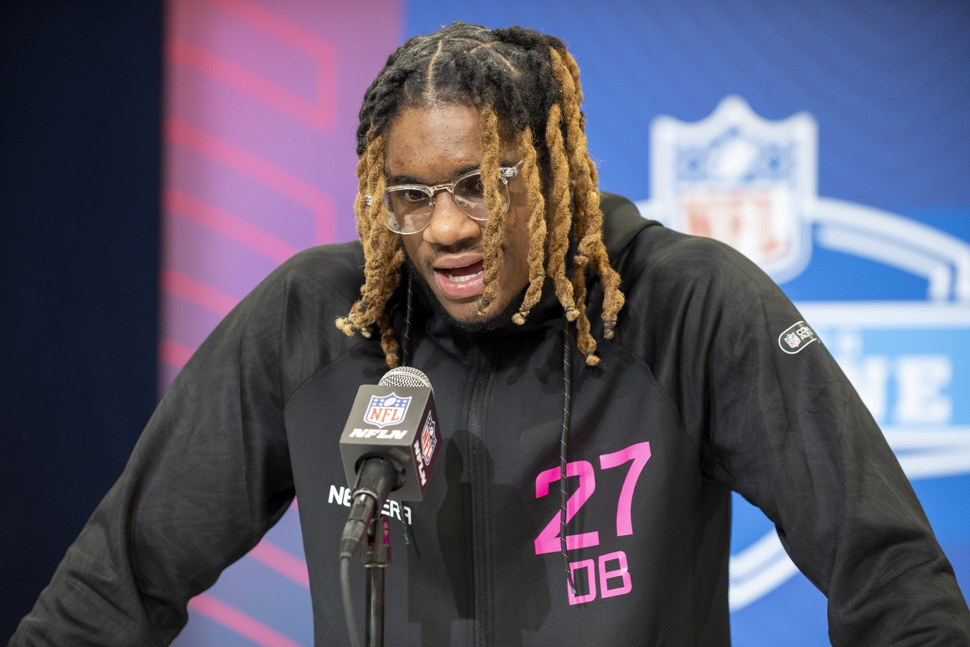 East Carolina defensive back Shavon Revel (DB27) during the 2025 NFL Combine at Lucas Oil Stadium.