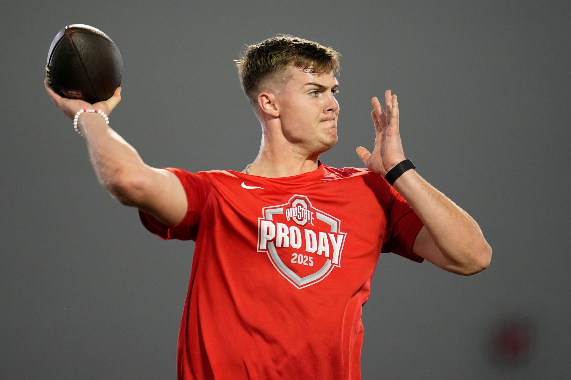 Ohio State Buckeyes quarterback Will Howard throws during the pro day for NFL scouts