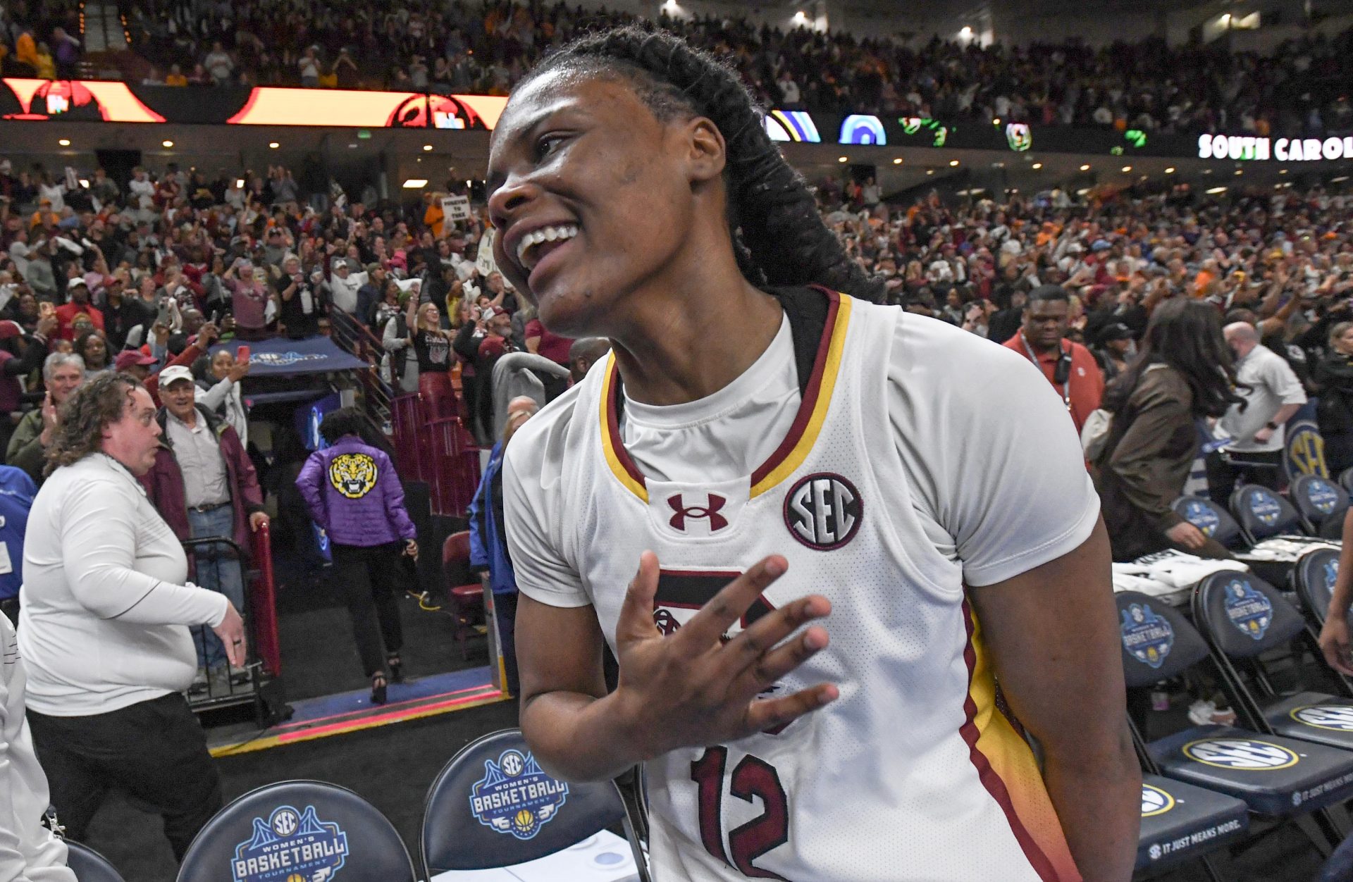 South Carolina guard MiLaysia Fulwiley celebrates with teammates after a win in the SEC tournament against Tennessee.