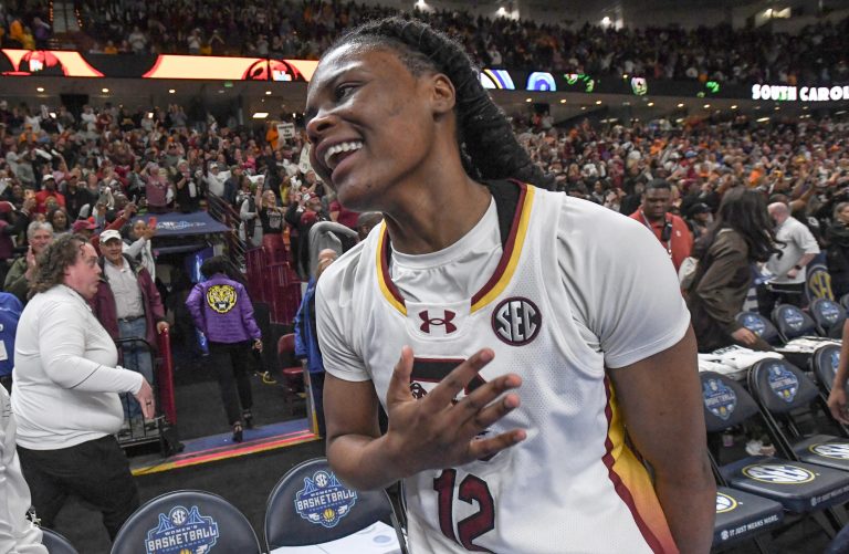 South Carolina guard MiLaysia Fulwiley celebrates with teammates after a win in the SEC tournament against Tennessee.