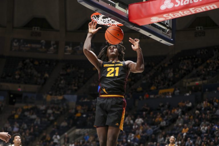 Arizona State Sun Devils forward Jayden Quaintance (21) dunks the ball during the second half against the West Virginia Mountaineers at WVU Coliseum.