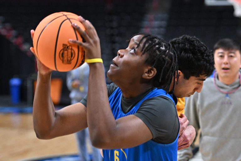 UCLA Bruins forward Zania Socka-Nguemen (6) shoots during an NCAA Tournament practice session at Spokane Arena.