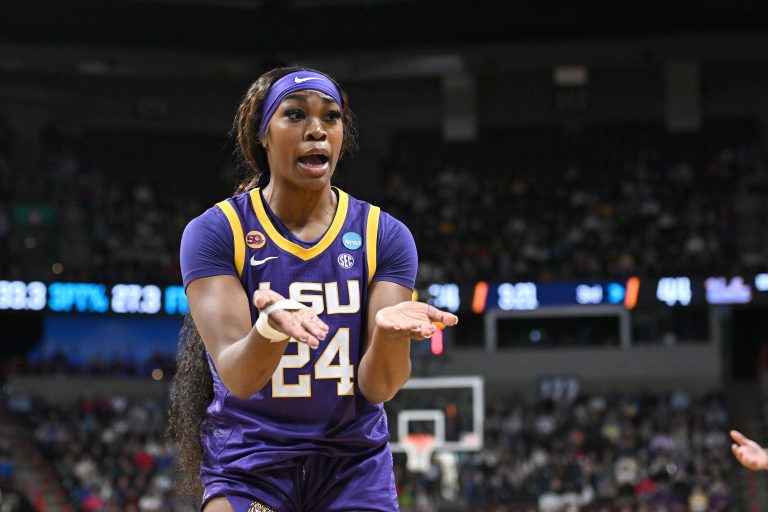LSU Lady Tigers forward Aneesah Morrow (24) reacts after a play against the UCLA Bruins during the second half of a Elite 8 NCAA Tournament basketball game at Spokane Arena.