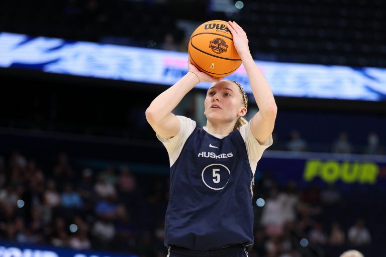 UConn Huskies guard Paige Bueckers (5) practices before the NCAA Woman’s Final at Amalie Arena.