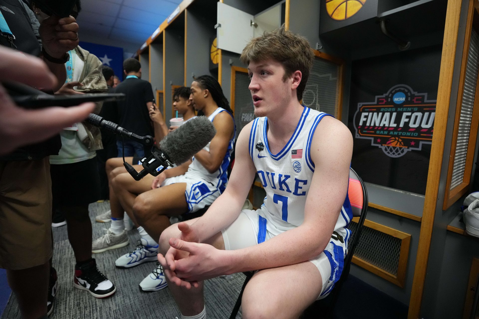 Duke Blue Devils guard Kon Knueppel (7) is interviewed during open locker room at Alamodome.