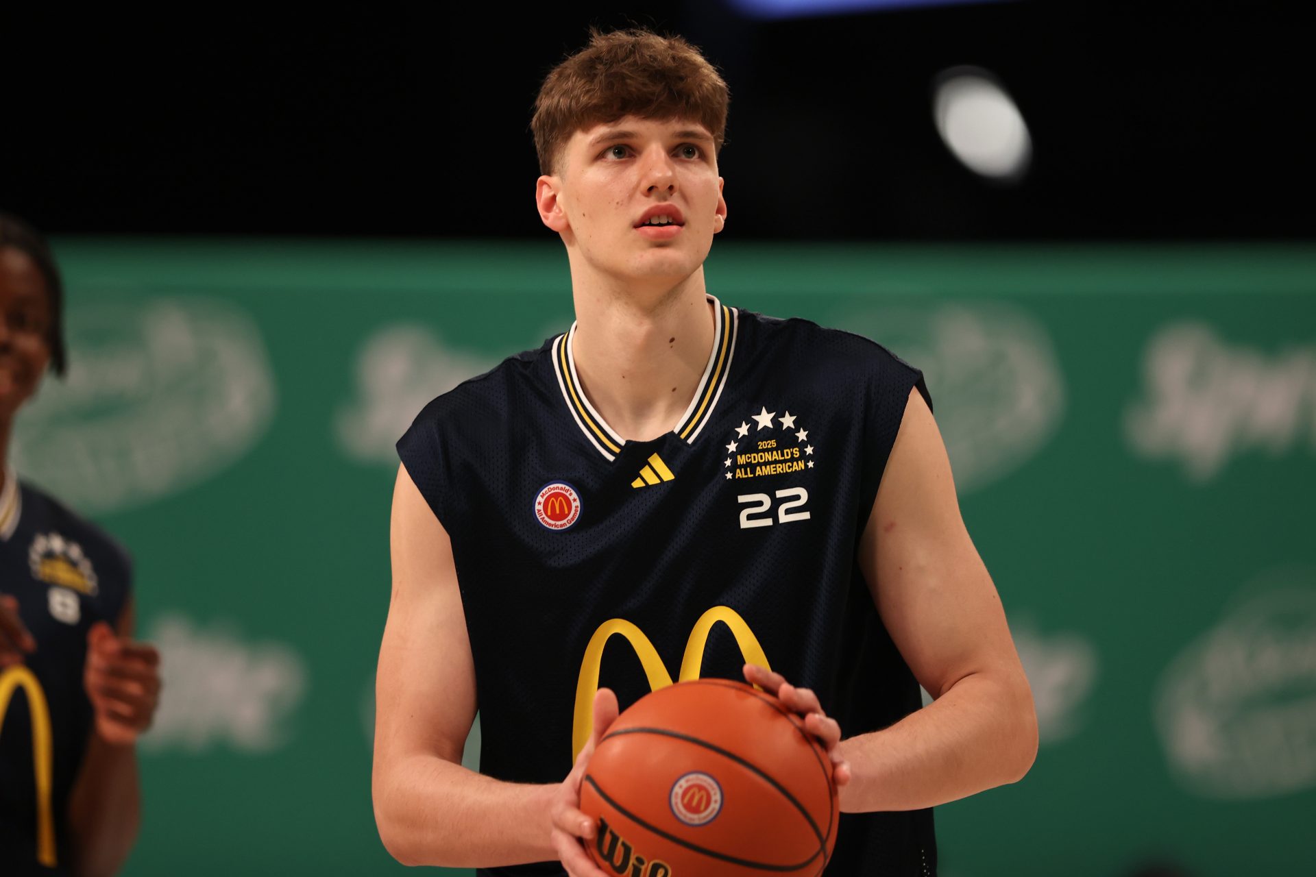 McDonald’s All American East center Eric Reibe (22) prepares to shoot the ball during the Sprite Jam Fest at Barclay's Center.