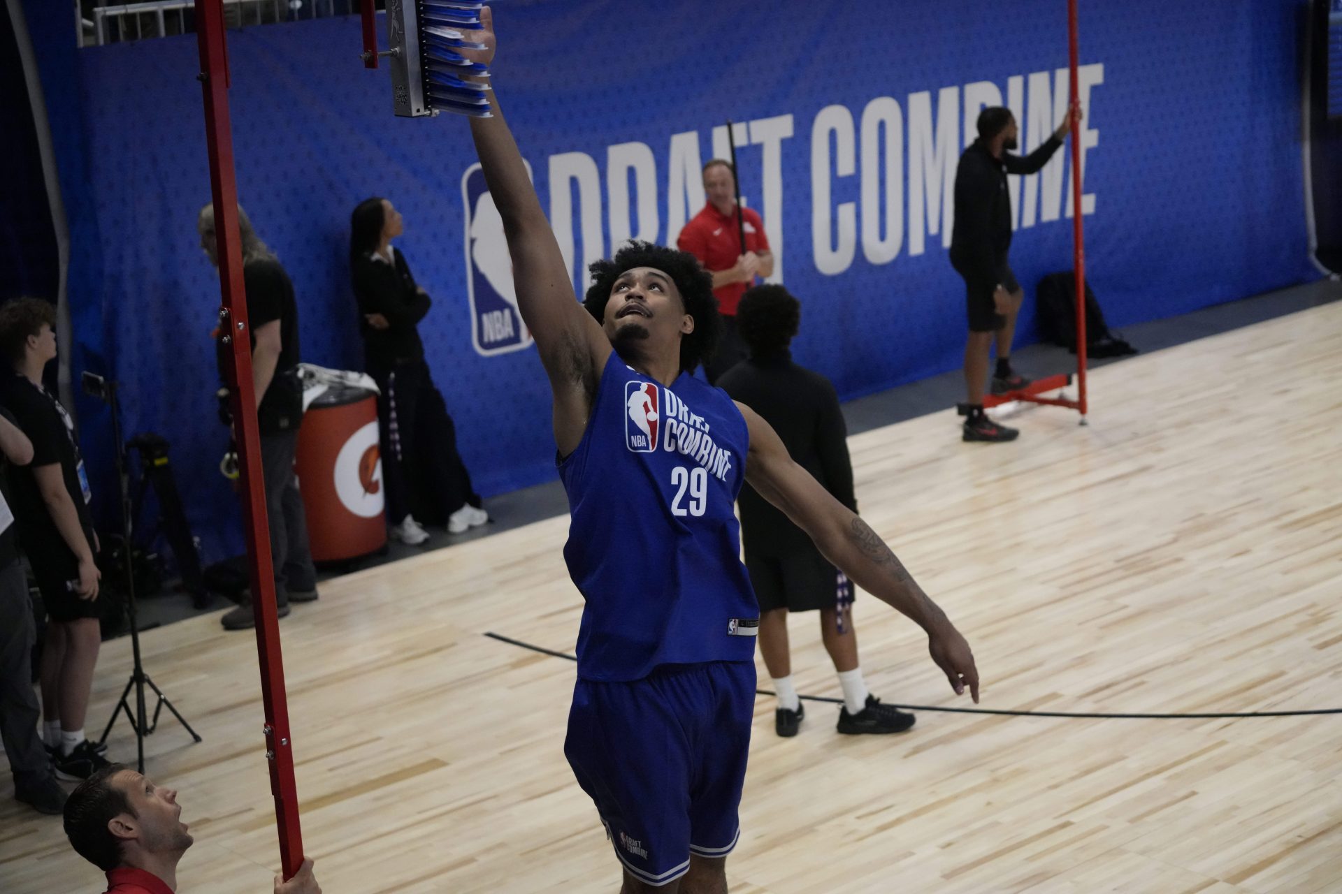 Dylan Harper (29) participates in the 2025 NBA Draft Combine at Wintrust Arena.