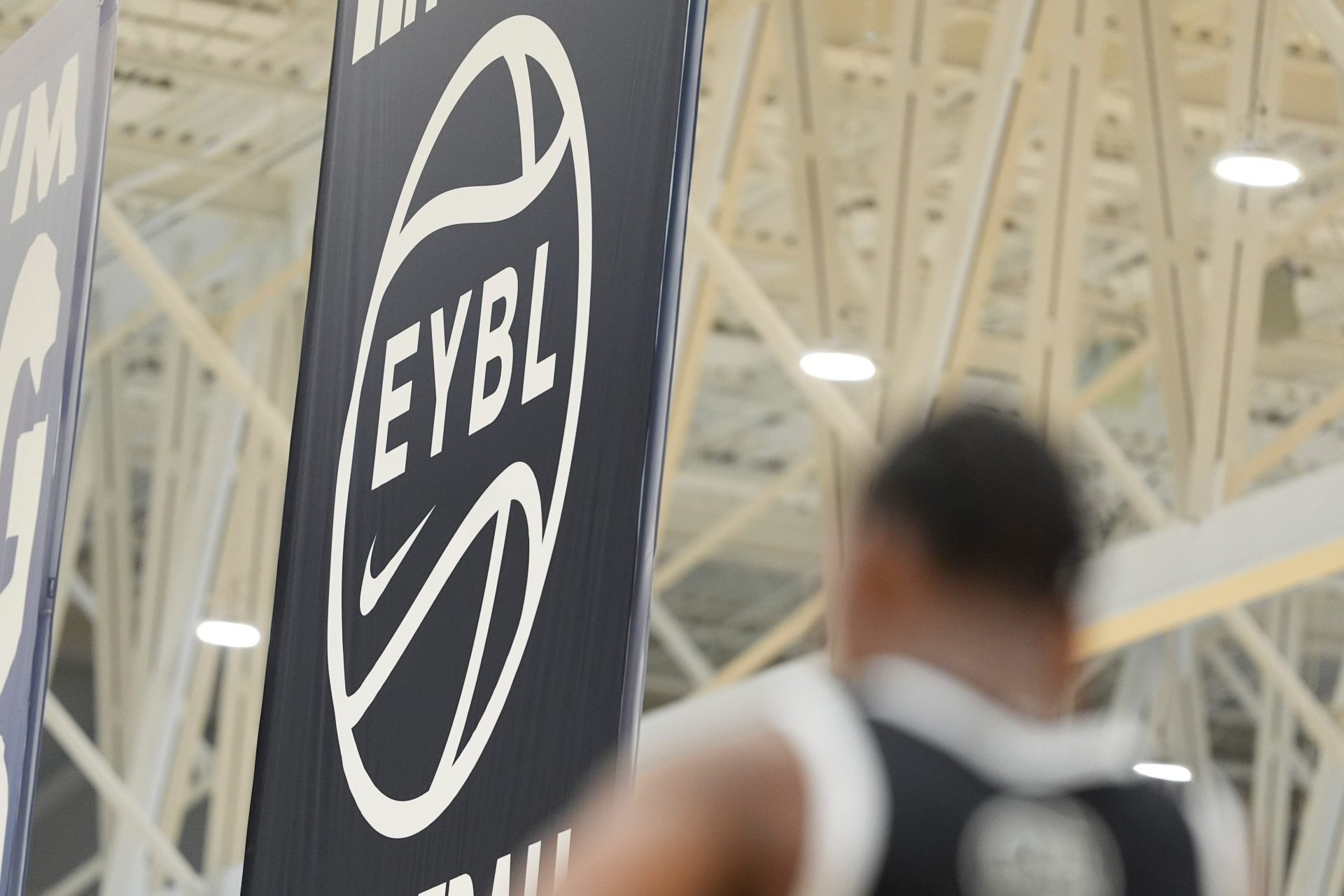 An EYBL banner is seen hanging at Memphis Sports & Events Center during the event on Saturday, May 17, 2025.