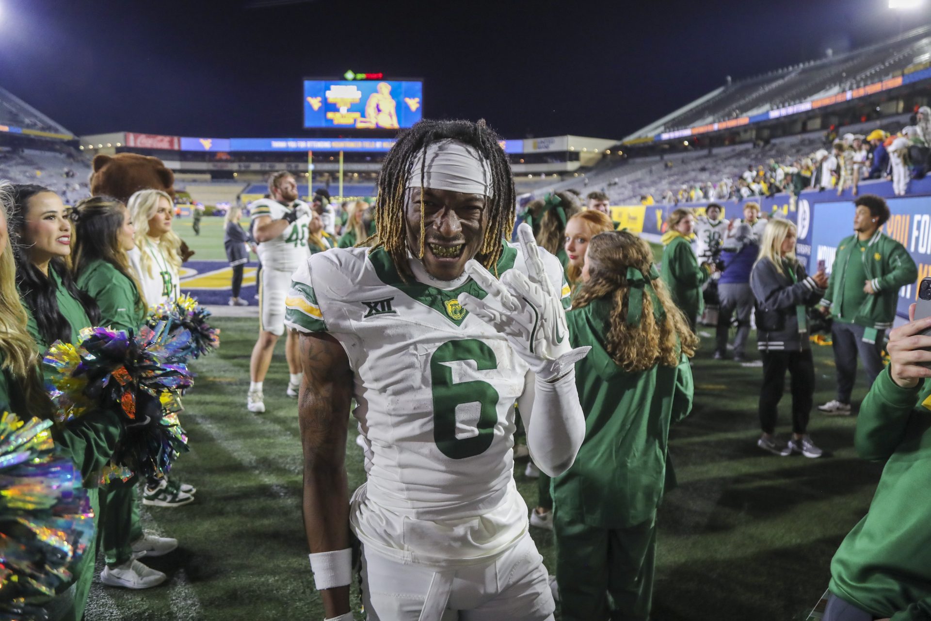 Baylor Bears wide receiver Ashtyn Hawkins (6) celebrates after defeating the West Virginia Mountaineers at Mountaineer Field at Milan Puskar Stadium.