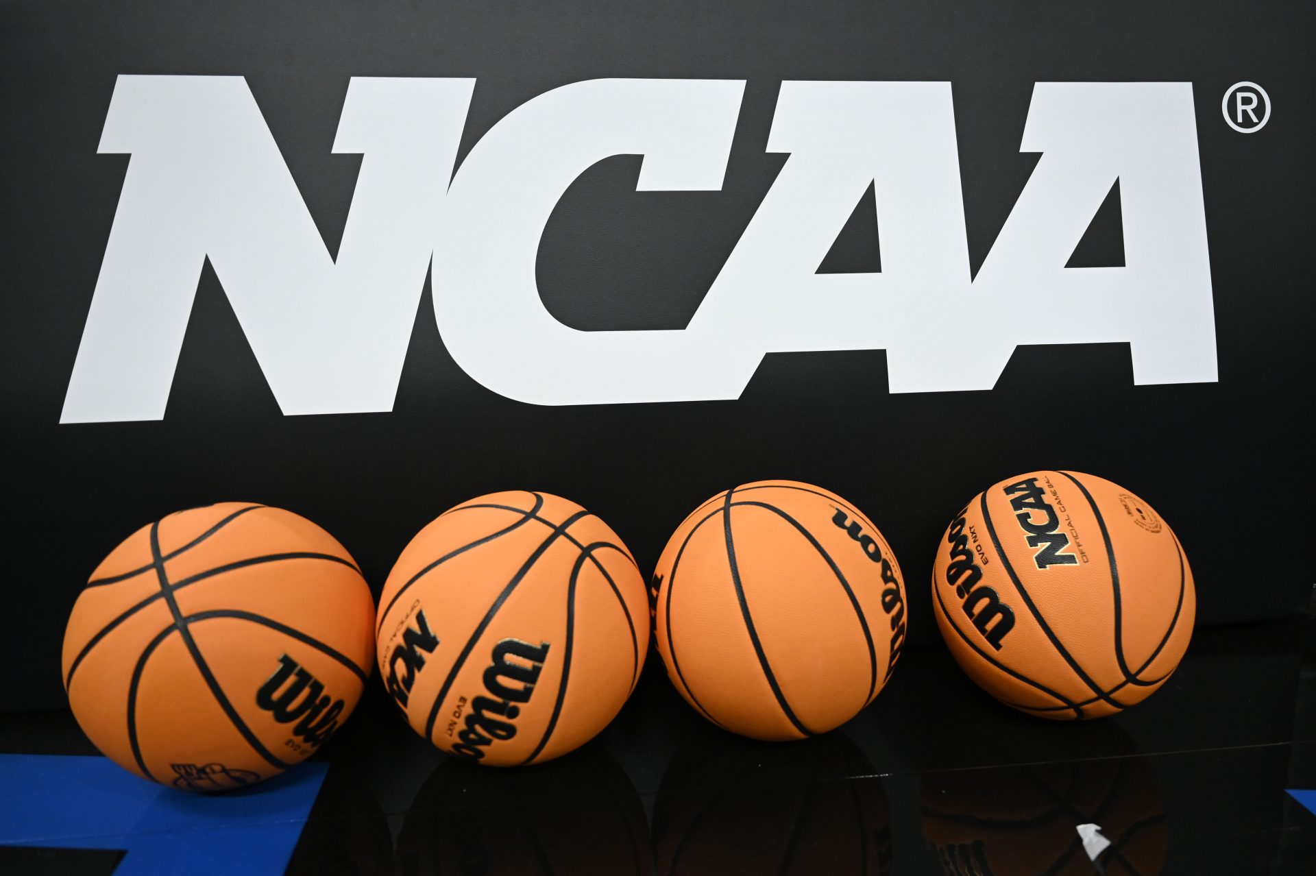 Detail view of the logo and basketballs during NCAA Tournament West Regional Practice at Chase Center.