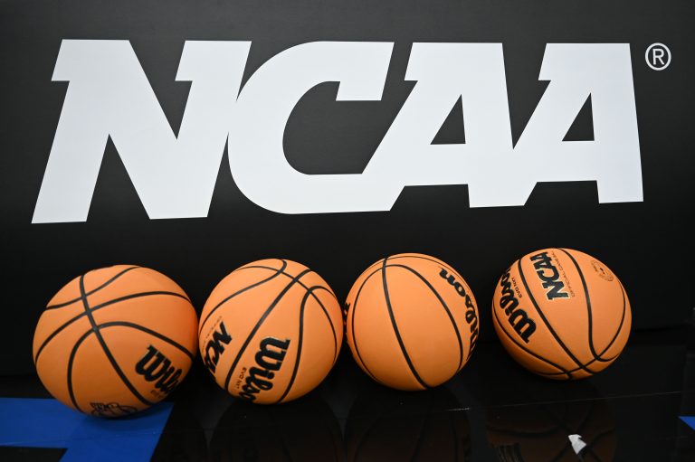 Detail view of the logo and basketballs during NCAA Tournament West Regional Practice at Chase Center.