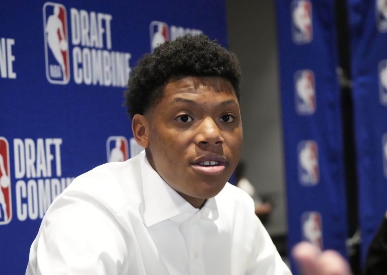 Ace Bailey talks to the media during the 2025 NBA Draft Combine at Marriott Marquis Chicago.