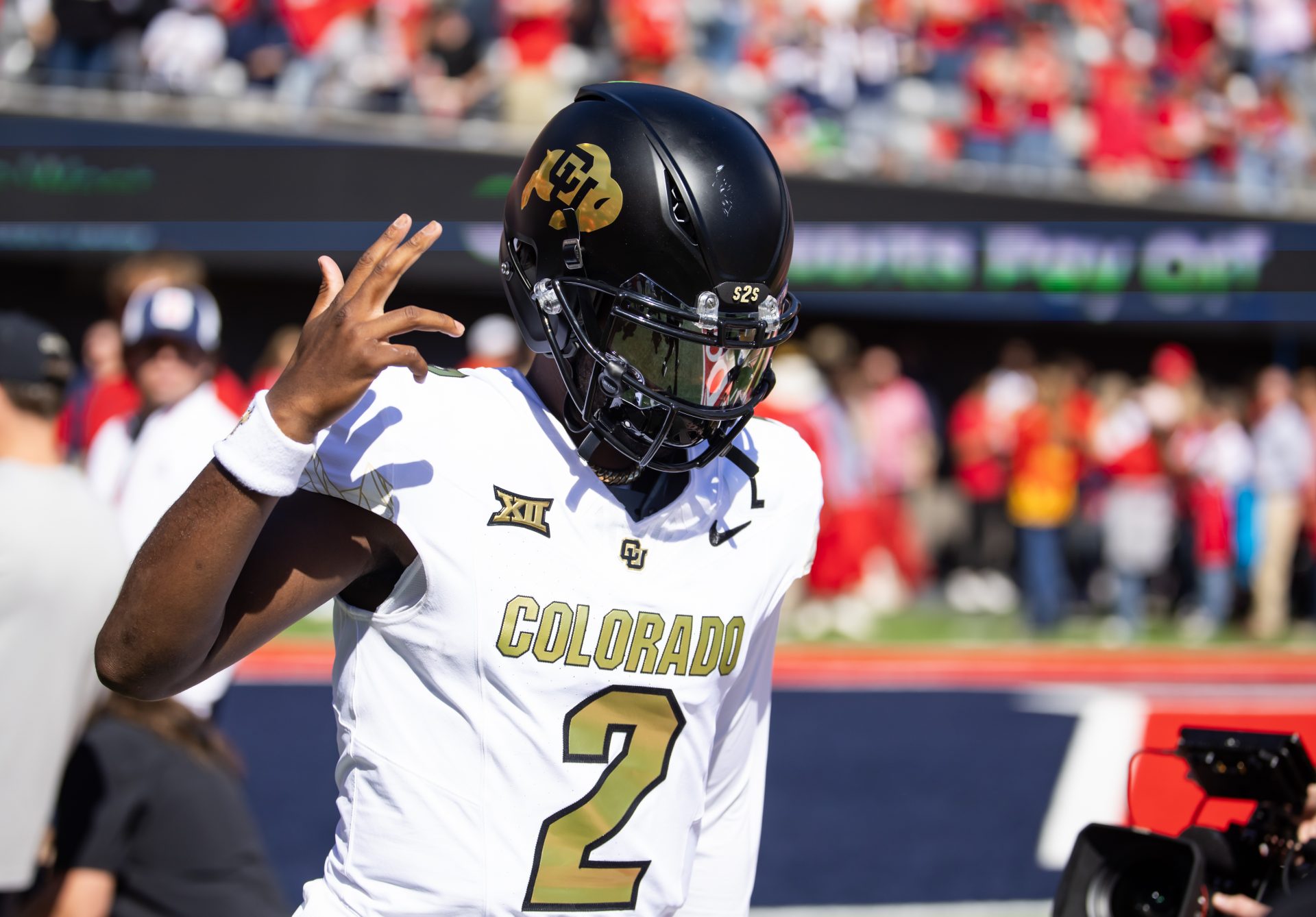Colorado Buffalos quarterback Shedeur Sanders (2) reacts against the Arizona Wildcats at Arizona Stadium.