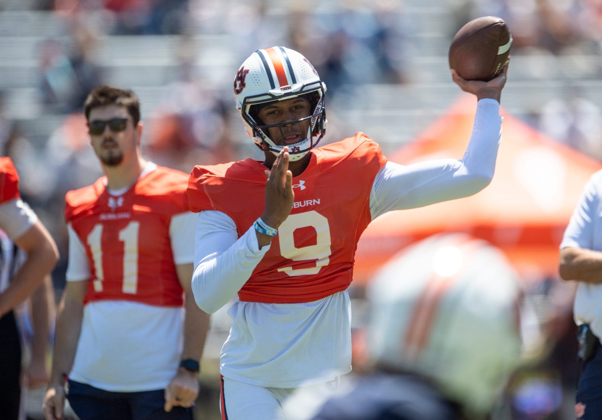Auburn Tigers quarterback Deuce Knight (9) throws the ball during Auburn Tigers A-Day football practice at Jordan-Hare Stadium in Auburn, Ala., on Saturday, April 12, 2025.