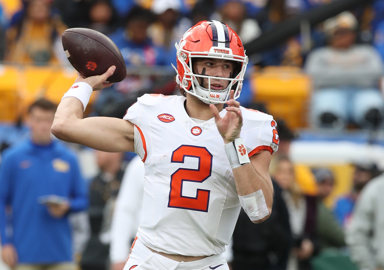 Clemson Tigers quarterback Cade Klubnik (2) passes against the Pittsburgh Panthers during the second quarter at Acrisure Stadium.