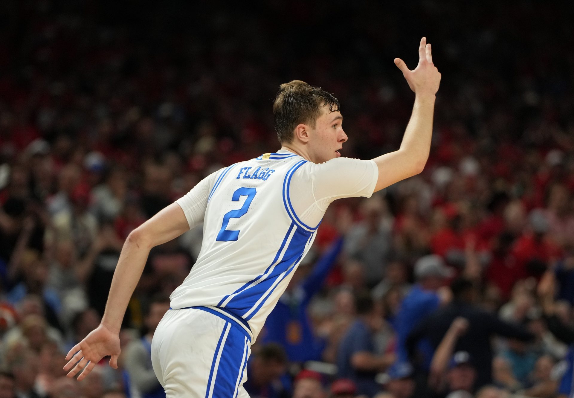 Duke Blue Devils forward Cooper Flagg (2) reacts after a play against the Houston Cougars during the second half in the semifinals of the men's Final Four of the 2025 NCAA Tournament at the Alamodome.