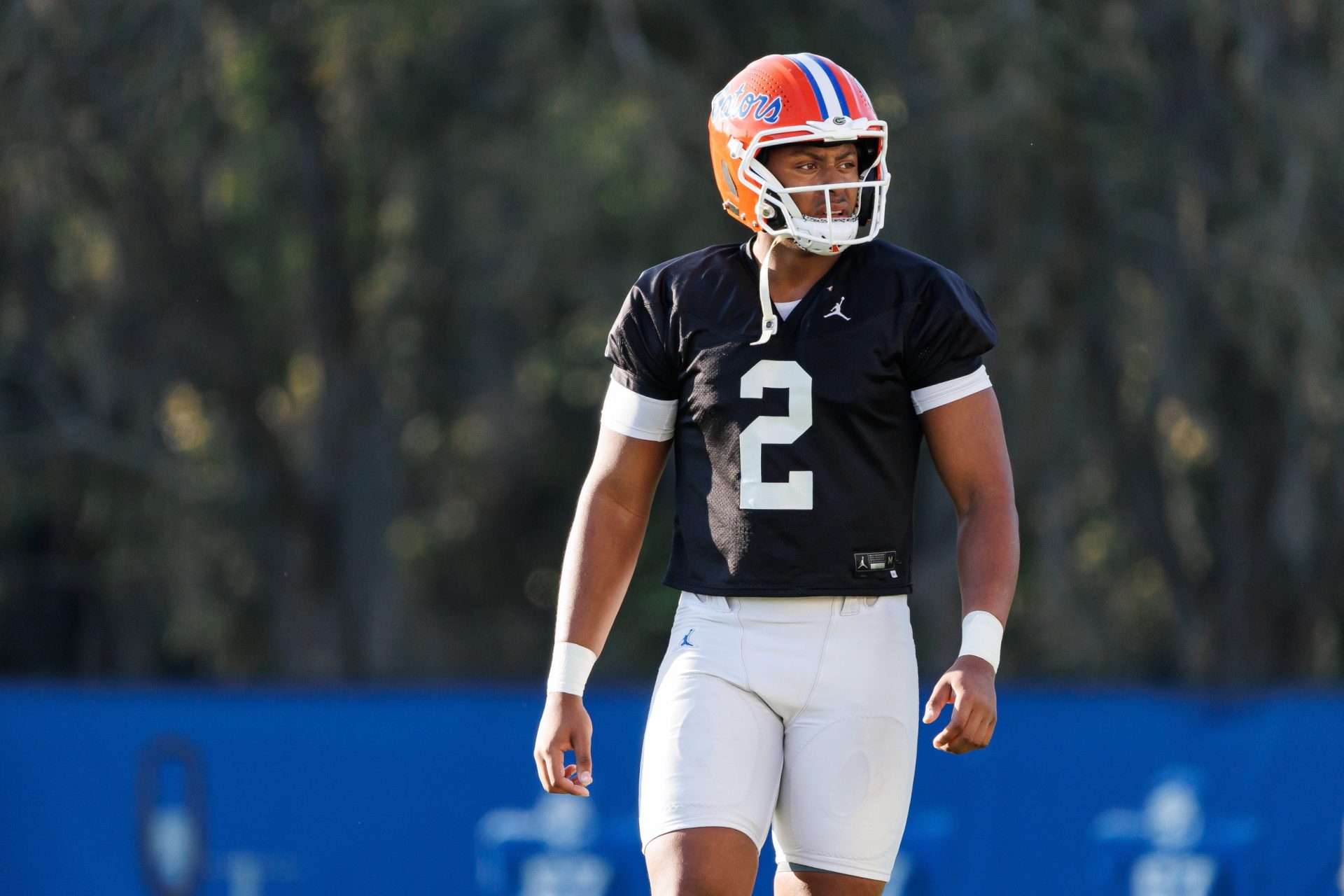 Florida Gators quarterback DJ Lagway (2) looks on during spring football practice at Heavener Football Complex at the University of Florida in Gainesville, FL on Thursday, March 6, 2025. [Matt Pendleton/Gainesville Sun]