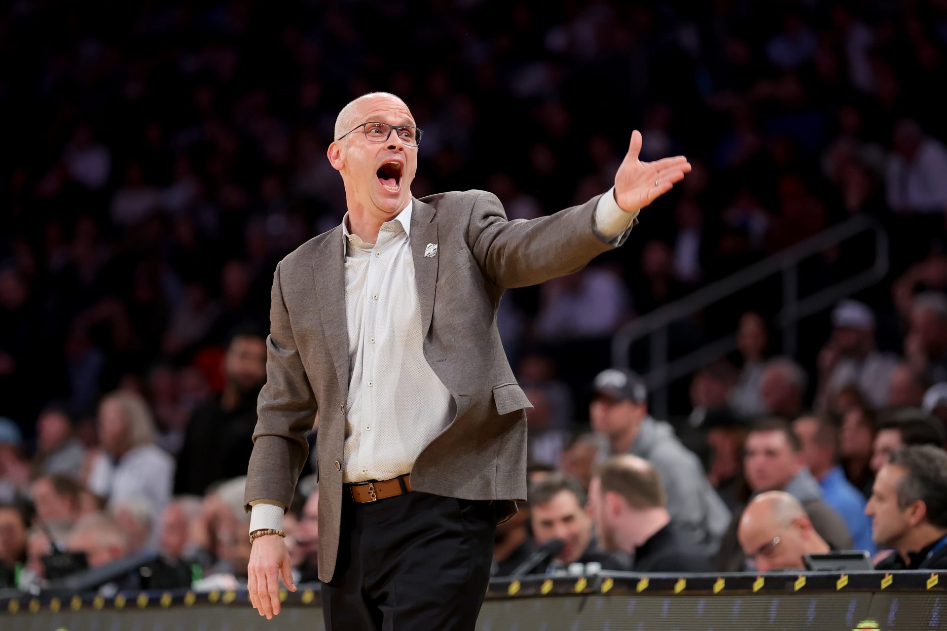 Connecticut Huskies head coach Dan Hurley reacts during the first half against the Villanova Wildcats at Madison Square Garden.