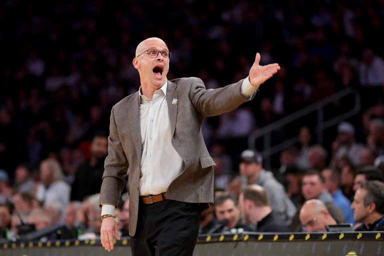 Connecticut Huskies head coach Dan Hurley reacts during the first half against the Villanova Wildcats at Madison Square Garden.