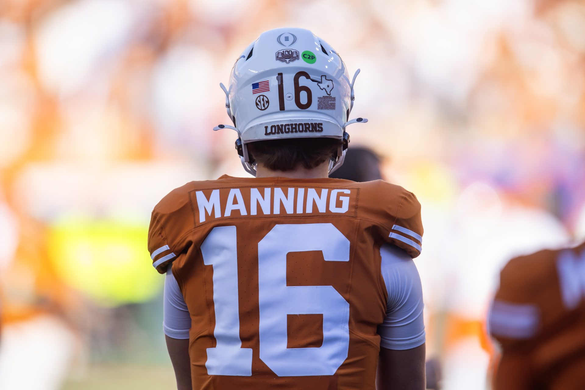 Detailed view of the jersey of Texas Longhorns quarterback Arch Manning (16) against the Clemson Tigers during the CFP National playoff first round at Darrell K Royal-Texas Memorial Stadium.