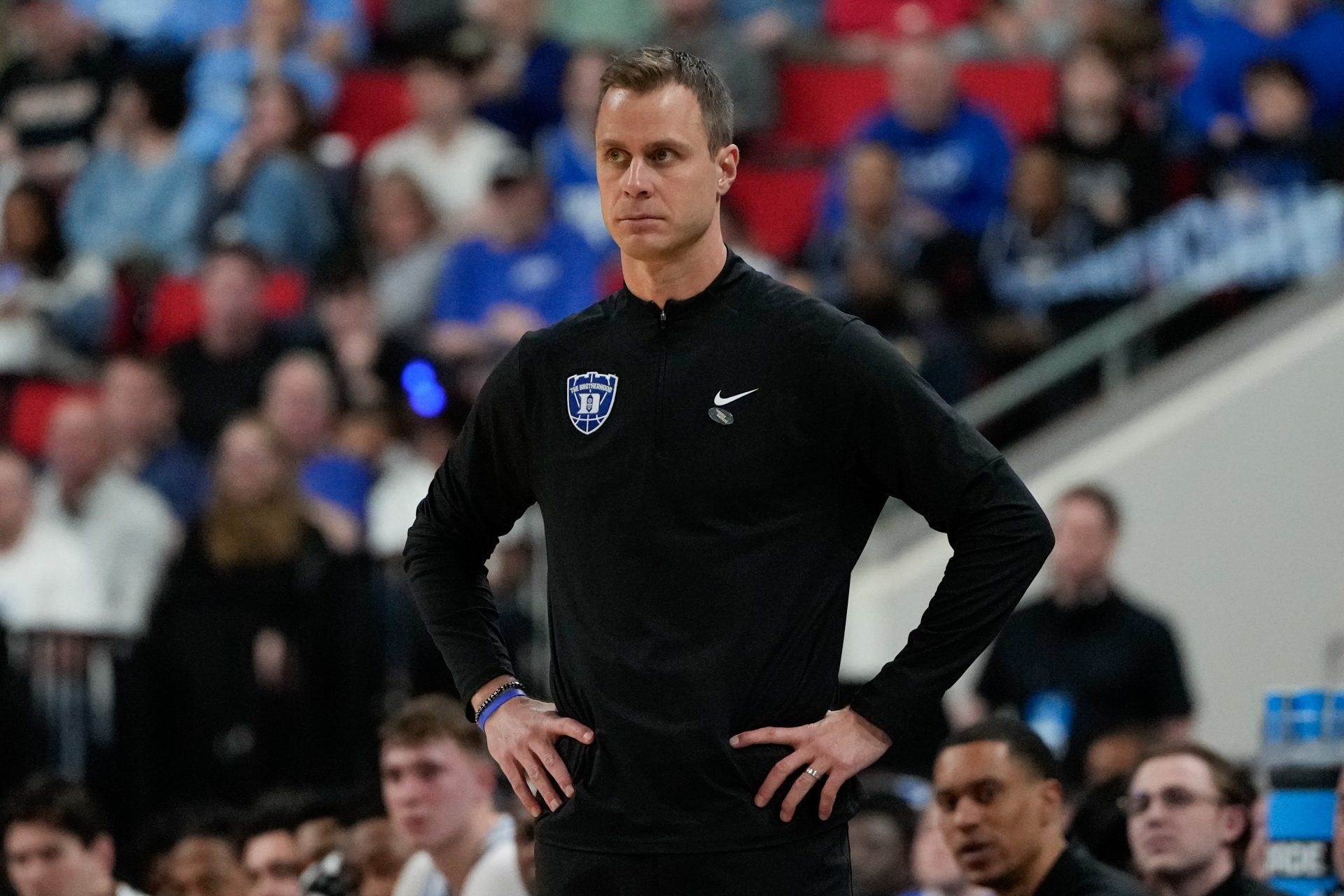 Duke Blue Devils head coach Jon Scheyer watches during the first half against the Mount St. Mary's Mountaineers in the first round of the NCAA Tournament at Lenovo Center.