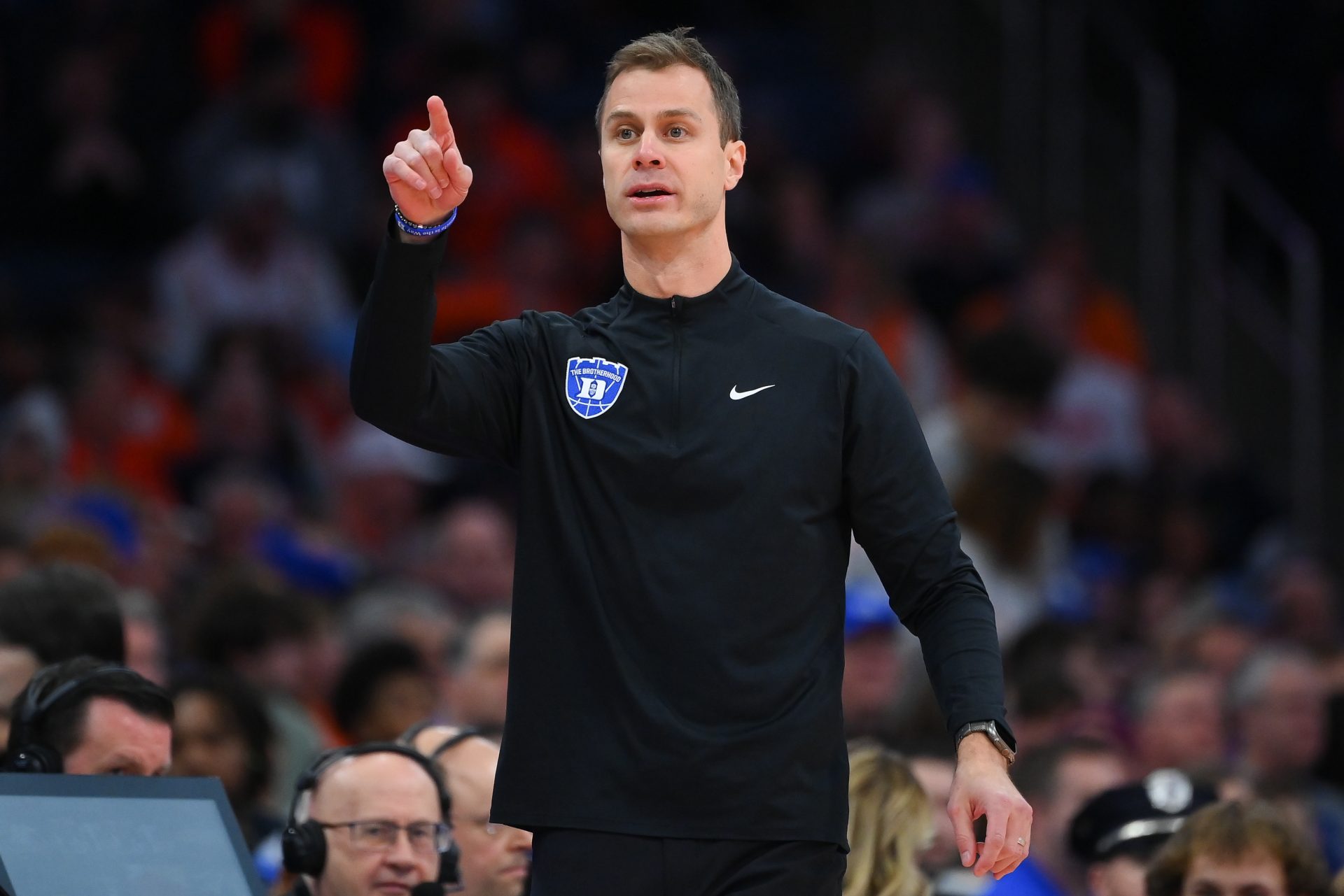 Duke Blue Devils head coach Jon Scheyer reacts to a play against the Syracuse Orange during the first half at the JMA Wireless Dome.