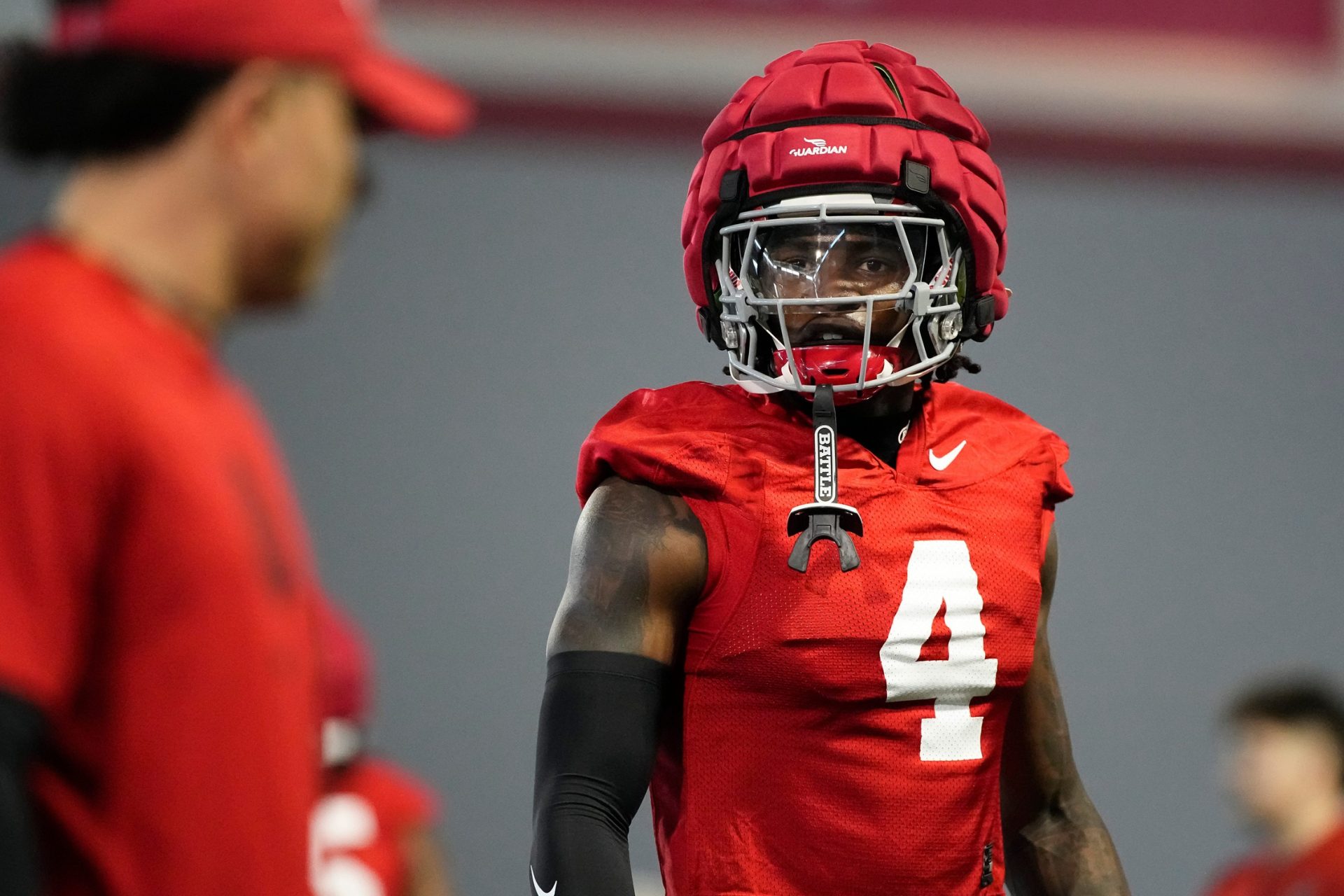 Ohio State Buckeyes wide receiver Jeremiah Smith (4) works out during spring football practice at the Woody Hayes Athletic Center on March 17, 2025.