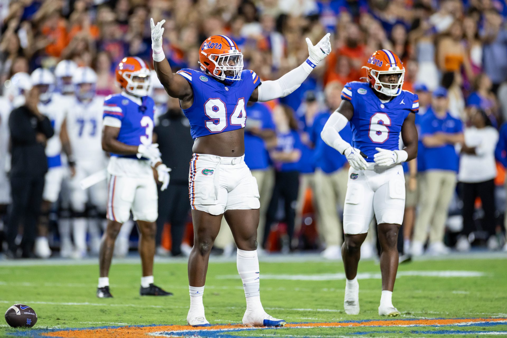 Florida Gators defensive end Tyreak Sapp (94) gestures towards the crowd against the Kentucky Wildcats during the first half at Ben Hill Griffin Stadium.