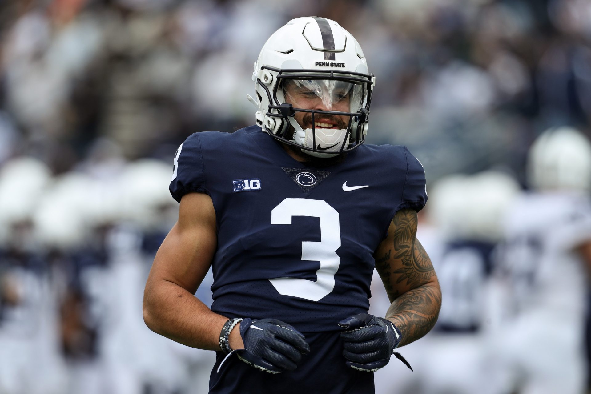 Penn State Nittany Lions wide receiver Julian Fleming (3) lines up on the line of scrimmage during a warmup practice prior to the Blue White spring game at Beaver Stadium.