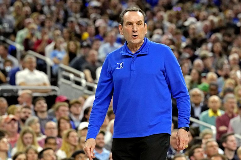 Duke Blue Devils head coach Mike Krzyzewski, or Coach K, during the first half against the North Carolina Tar Heels in the 2022 NCAA men's basketball tournament Final Four semifinals at Caesars Superdome.