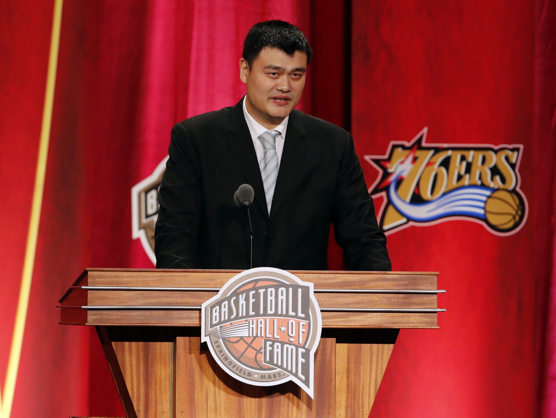 Yao Ming speaks during the 2016 Naismith Memorial Basketball Hall of Fame Enshrinement Ceremony at Springfield Symphony Hall.