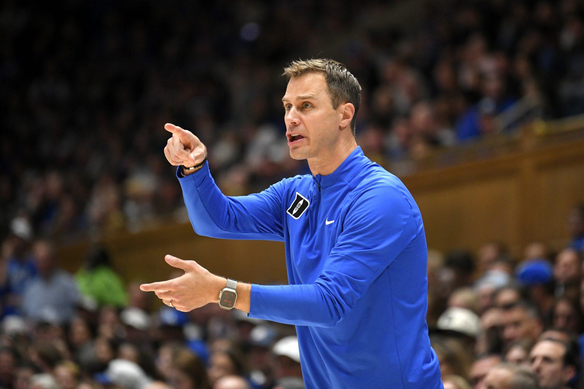 Duke Blue Devils head coach Jon Scheyer reacts at Cameron Indoor Stadium during the second half against the Maine Black Bears.