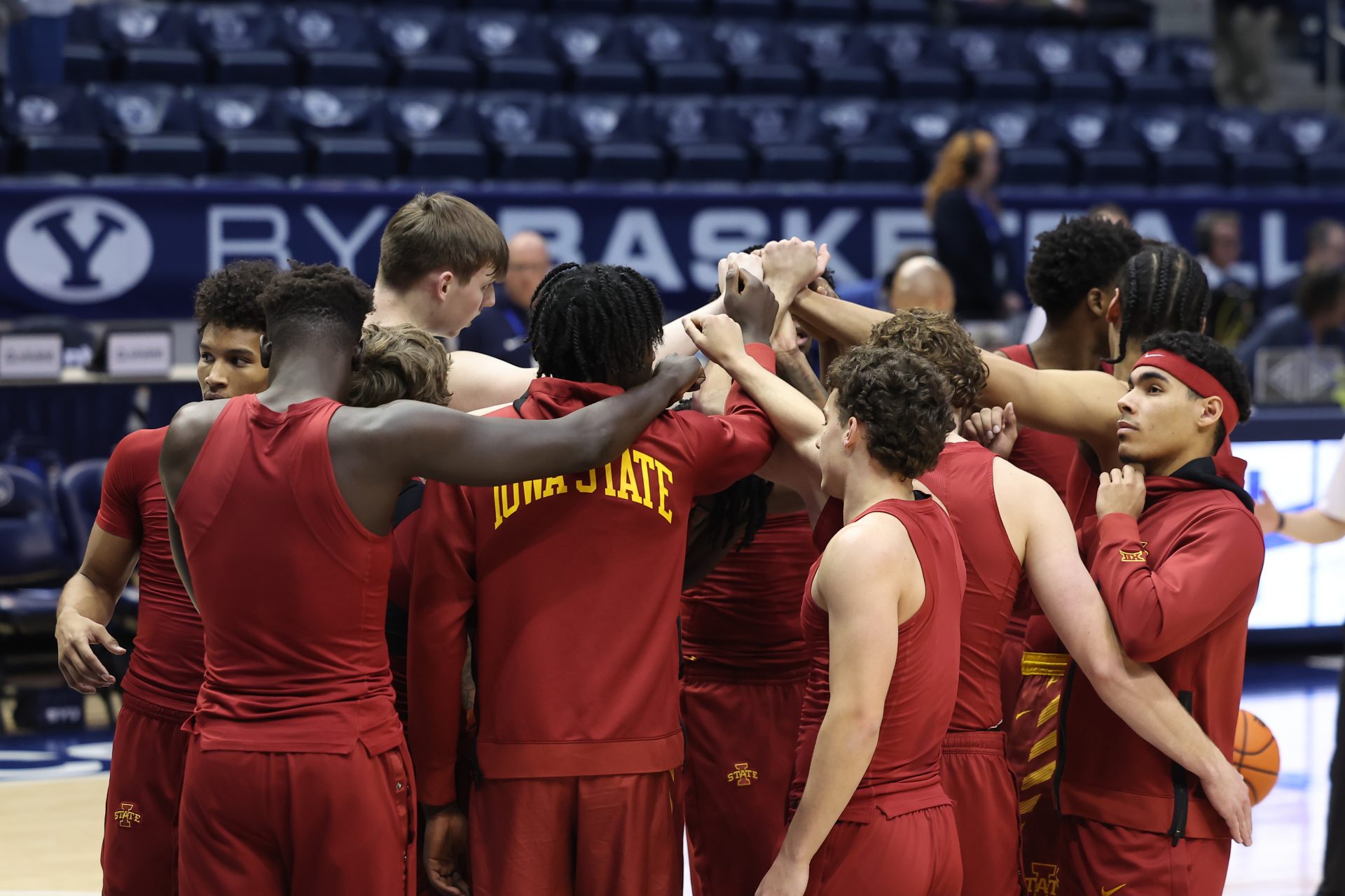 The Iowa State Cyclones huddle up before the game against the Brigham Young Cougars at Marriott Center.