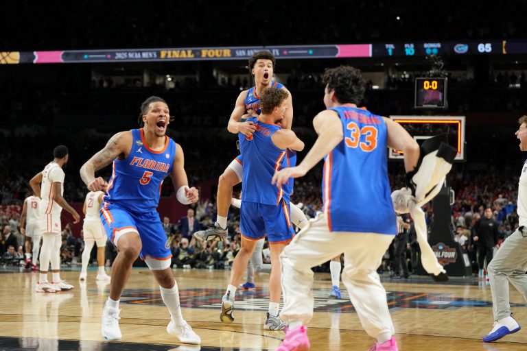 The Florida Gators celebrate after winning the national championship game of the Final Four of the 2025 NCAA Tournament at the Alamodome.