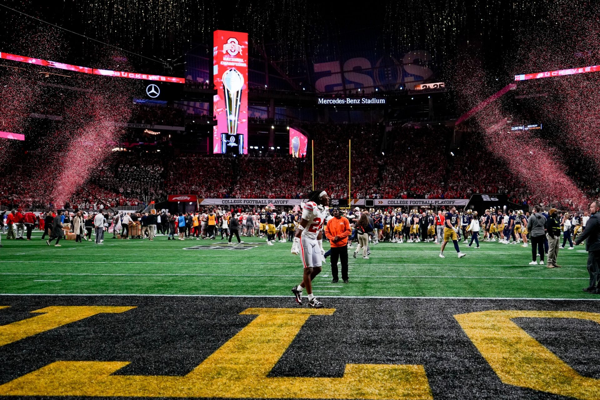 Ohio State Buckeyes cornerback Jermaine Mathews Jr. (24) celebrates after defeating Notre Dame Fighting Irish in the College Football Playoff championship at Mercedes-Benz Stadium in Atlanta on Jan. 20, 2025.